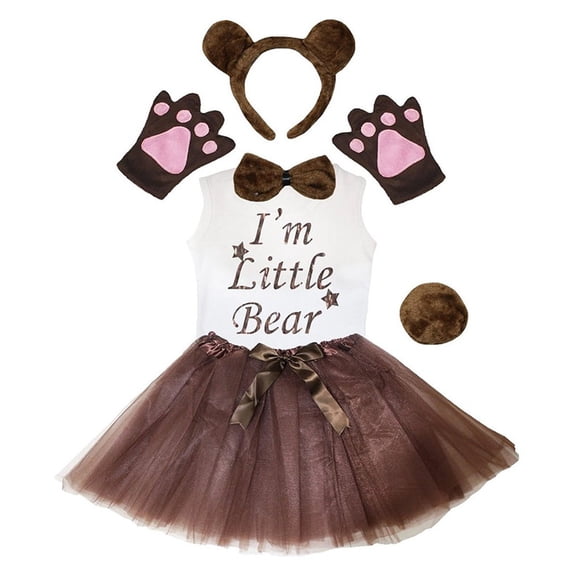 Petitebelle Bear Headband Bowtie Tail Gloves Tutu Shirt 6pc Costume (Brown [ Round Tail ], 5-6 Years)