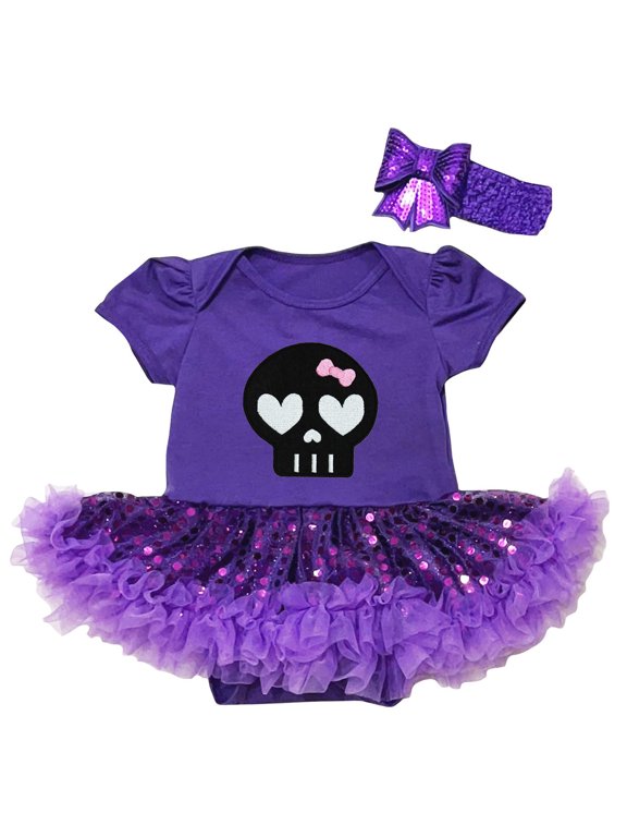 Petitebelle Black Skull Face Bodysuit Tutu Baby Dress Nb-18m (Purple/Purple Sequins, 0-3 Months)