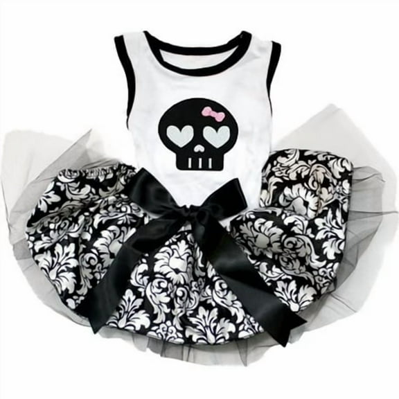 Petitebelle Black Skull Face Puppy Dog Dress (White/Damask, Small)