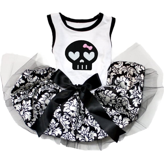 Petitebelle Black Skull Face Puppy Dog Dress (White/Damask, X-Small)