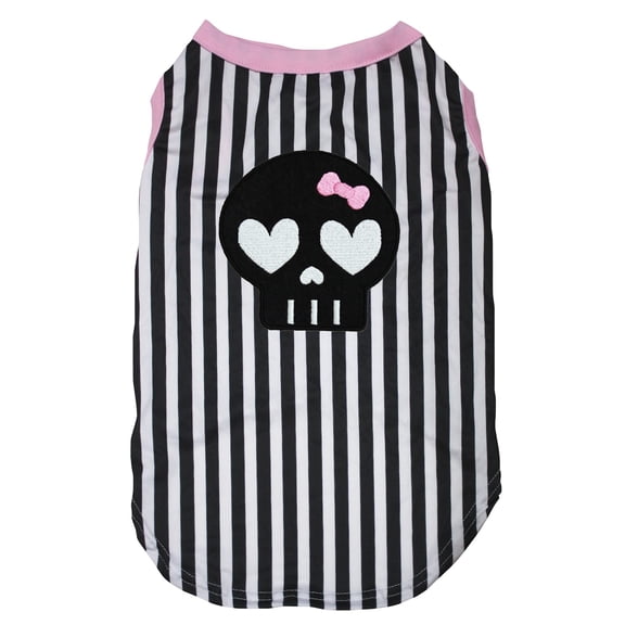 Petitebelle Black Skull Face Puppy Dog Shirt (Pink Straight Stripes, Small)