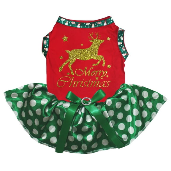 Petitebelle Bling Deer Merry Christmas Puppy Dog Dress (Red/Green Dots, Large)