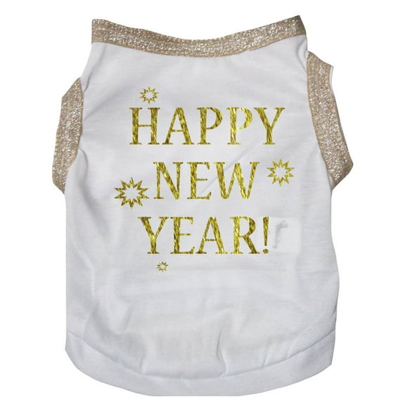 Petitebelle Bling Happy New Year Puppy Dog Shirt (White/Gold, Small)