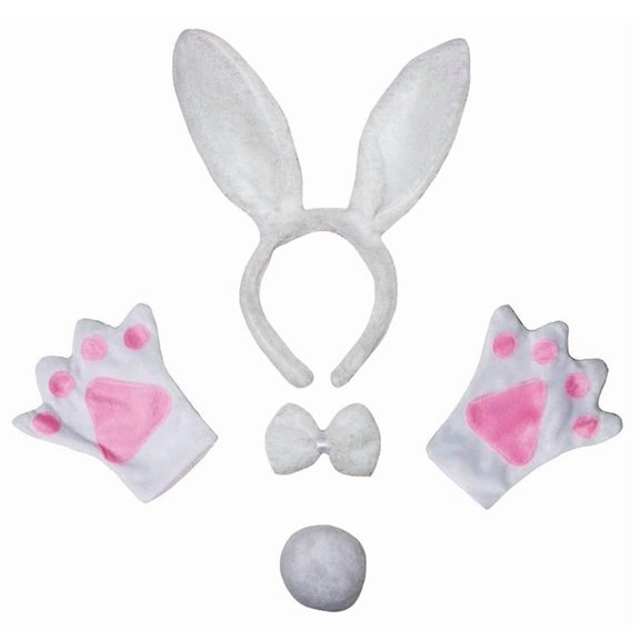 Petitebelle Bunny Headband Bowtie Tail Glove 4pc Costume (White, 5-10 Years)