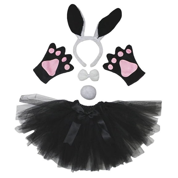 Petitebelle Bunny Headband Bowtie Tail Gloves Tutu 5pc Costume (White/Black, 5-10 Years)