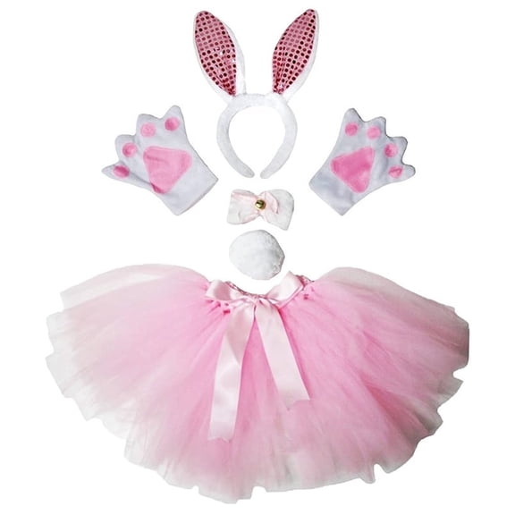 Petitebelle Bunny Headband Bowtie Tail Gloves Tutu 5pc Costume (White/Pink Sequins, 5-10 Years)