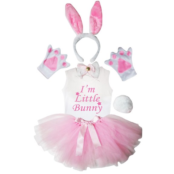 Petitebelle Bunny Headband Bowtie Tail Gloves Tutu Shirt 6pc Costume (White/Pink, 5-6 Years)