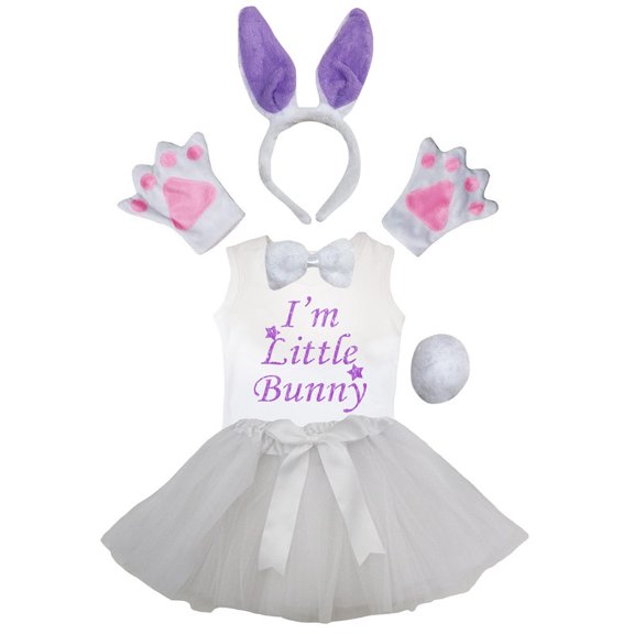 Petitebelle Bunny Headband Bowtie Tail Gloves Tutu Shirt 6pc Costume (White/Purple, 3-4 Years)