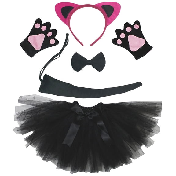 Petitebelle Cat Headband Bowtie Tail Gloves Tutu 5pc Costume (Hot Pink/Black, 5-10 Years)