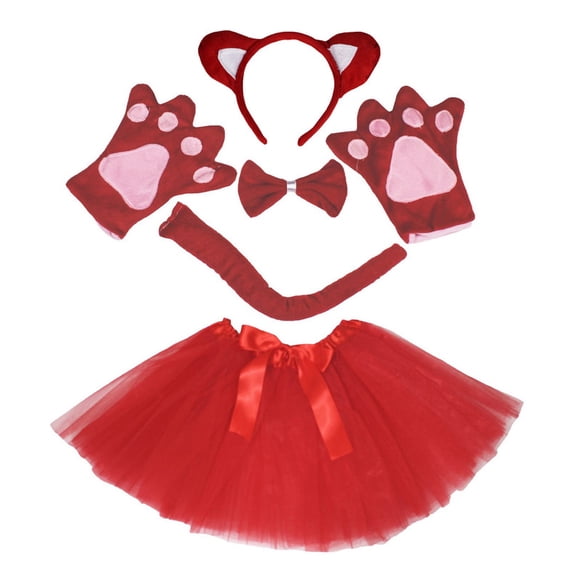 Petitebelle Cat Headband Bowtie Tail Gloves Tutu 5pc Costume (Red/White, 1-5 Years)