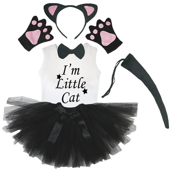 Petitebelle Cat Headband Bowtie Tail Gloves Tutu Shirt 6pc Costume (Black/Pink, 3-4 Years)