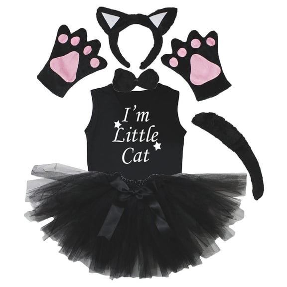 Petitebelle Cat Headband Bowtie Tail Gloves Tutu Shirt 6pc Costume (Black/White, 3-4 Years)