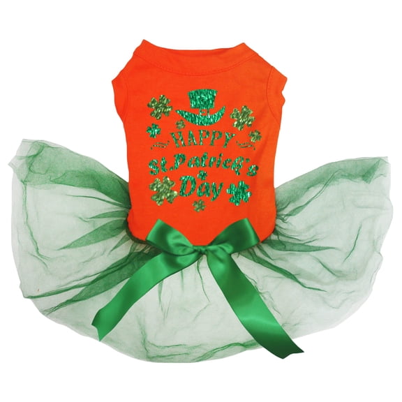 Petitebelle Clover Hat Happy St. Patrick's Day Puppy Dog Dress (Orange/Green, Medium)