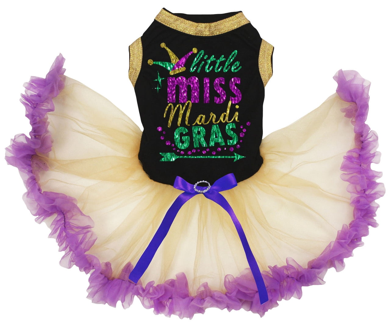 Petitebelle Clown Little Miss Mardi Gras Puppy Dog Dress (Black/Gold Purple, Large)