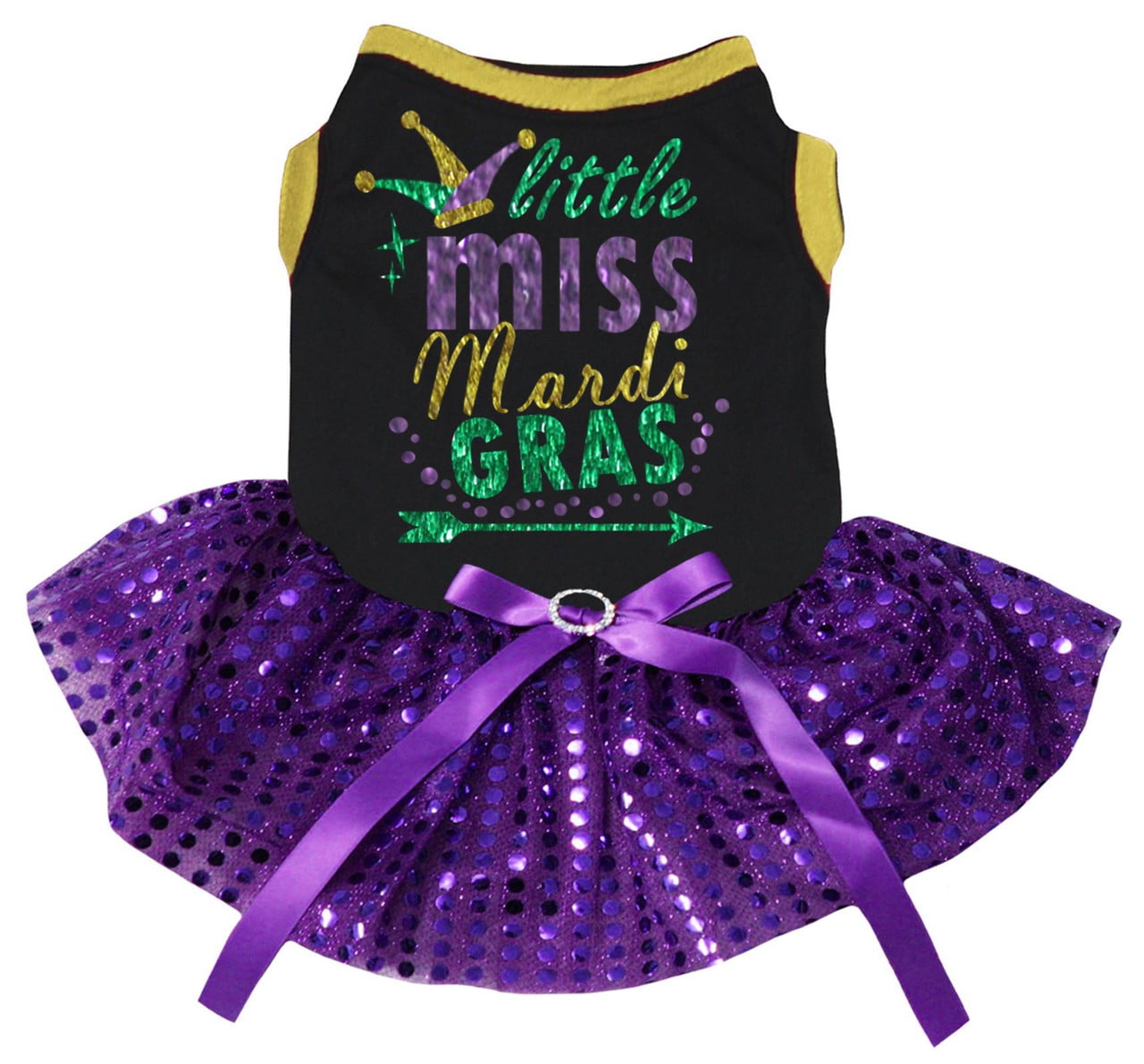 Petitebelle Clown Little Miss Mardi Gras Puppy Dog Dress (Black/Purple Sequins, X-Small)