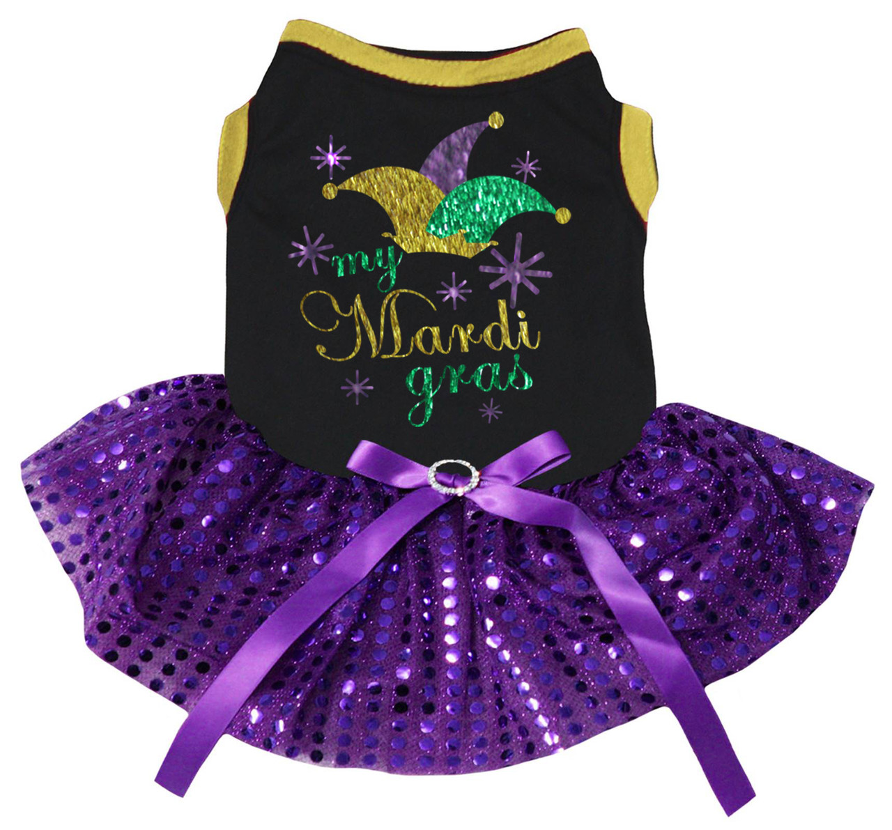 Petitebelle Clown My Mardi Gras Puppy Dog Dress (Black/Purple Sequins, XXX-Large)