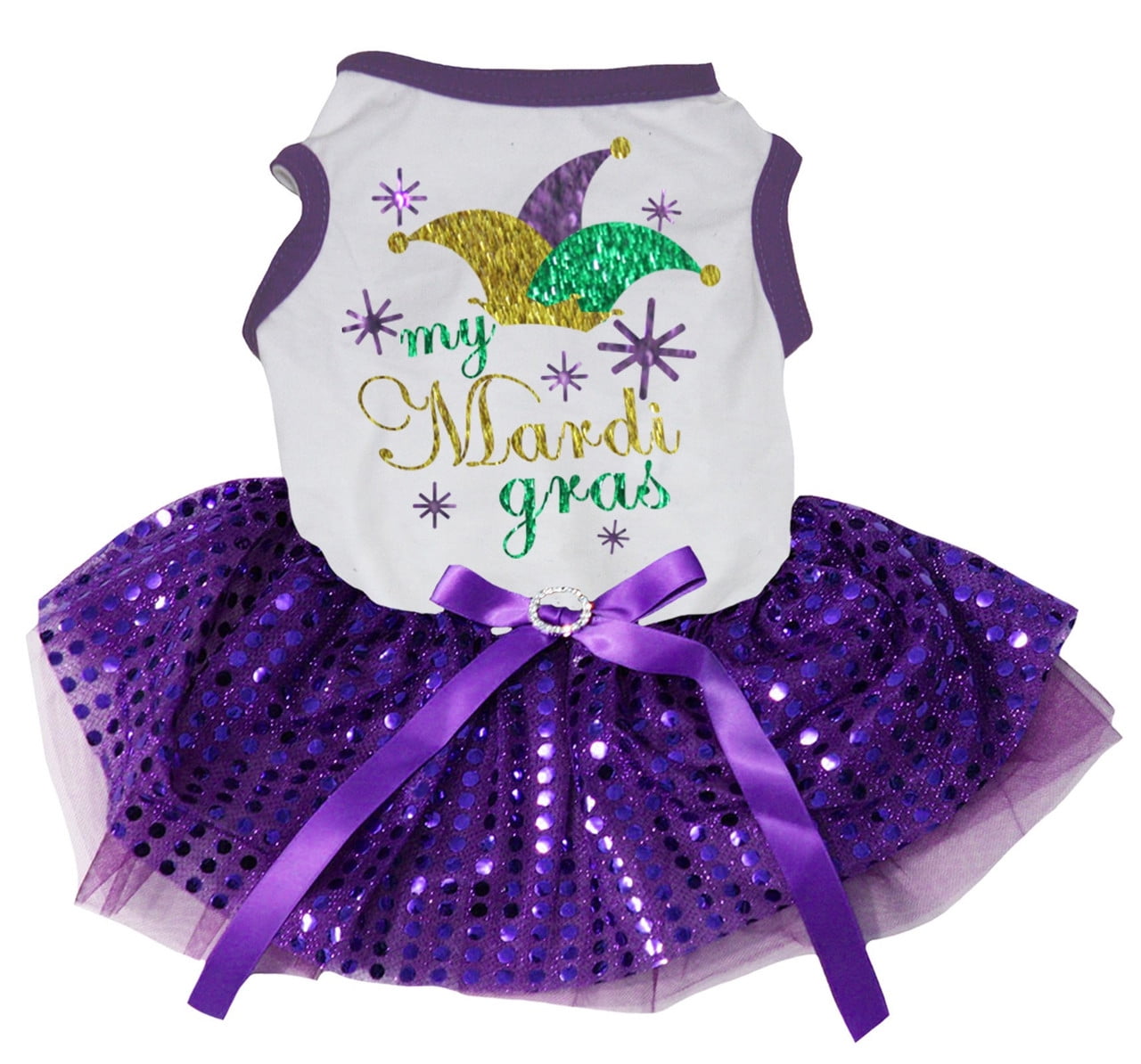 Petitebelle Clown My Mardi Gras Puppy Dog Dress (White/Purple Sequins, Large)