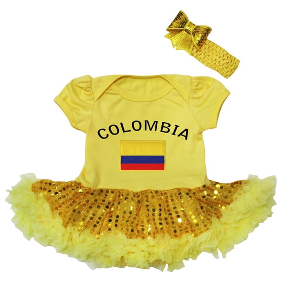 Petitebelle Colombia & Flag Baby Dress Nb-18m (Yellow/Yellow Sequins, 0-3 Months)