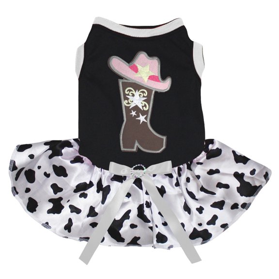 Petitebelle Cowgirl Boot Hat Puppy Dog Dress (Black/Cow, Medium)