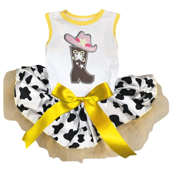 Petitebelle Cowgirl Boot Hat Puppy Dog Dress (White/Yellow, X-Small)