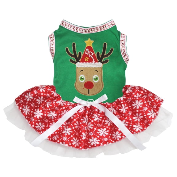 Petitebelle Cute Reindeer Face Puppy Dog Dress (Green/Snowflakes, Medium)