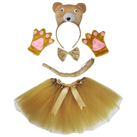 Petitebelle Cutie Bear Headband Bowtie Tail Gloves Tutu 5pc Costume (Brown, 5-10 Years)