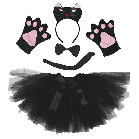 Petitebelle Cutie Cat Headband Bowtie Tail Gloves Tutu 5pc Costume (Black, 5-10 Years)