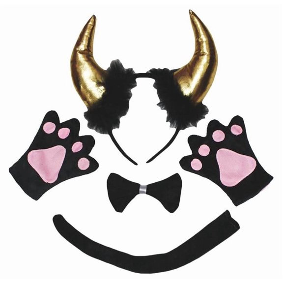 Petitebelle Cutie Cow Headband Bowtie Tail Glove 4pc Costume (Black, 5-10 Years)