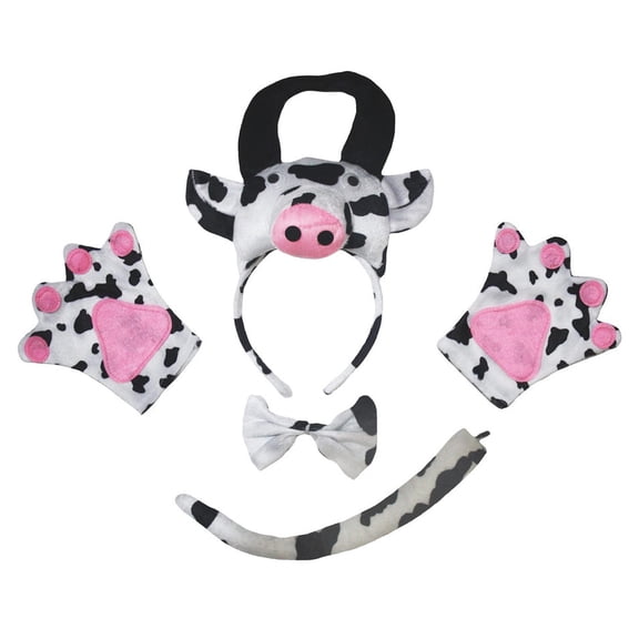 Petitebelle Cutie Cow Headband Bowtie Tail Glove 4pc Costume (White, 5-10 Years)