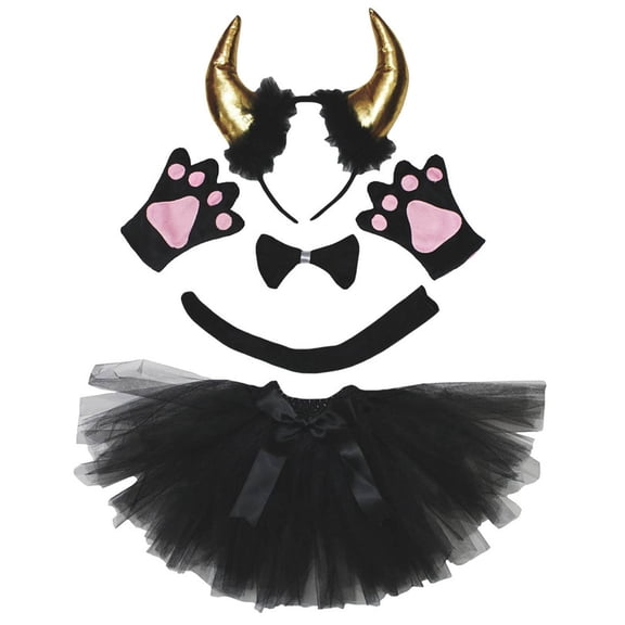 Petitebelle Cutie Cow Headband Bowtie Tail Gloves Tutu 5pc Costume (Black, 1-5 Years)