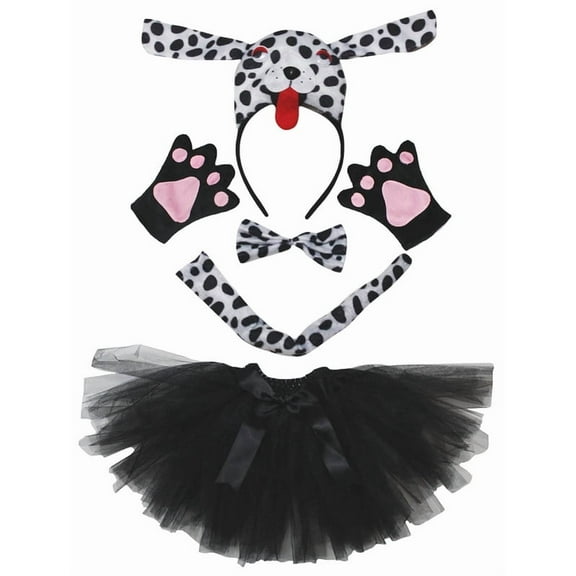 Petitebelle Cutie Dalmatian Dog Headband Bowtie Tail Gloves Tutu 5pc Costume (White, 1-5 Years)
