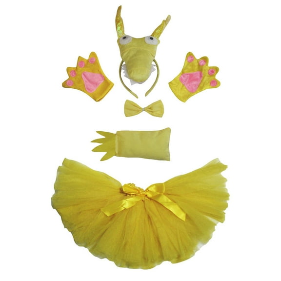 Petitebelle Cutie Dragon Headband Bowtie Tail Gloves Tutu 5pc Costume (Yellow, 5-10 Years)