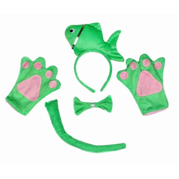 Petitebelle Cutie Fish Headband Bowtie Tail Glove 4pc Costume (Green, 5-10 Years)