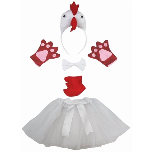 Petitebelle Cutie Hen Headband Bowtie Tail Gloves Tutu 5pc Costume (White, 5-10 Years)