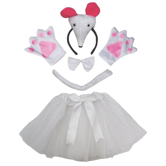 Petitebelle Cutie Mouse Headband Bowtie Tail Gloves Tutu 5pc Costume (White, 1-5 Years)