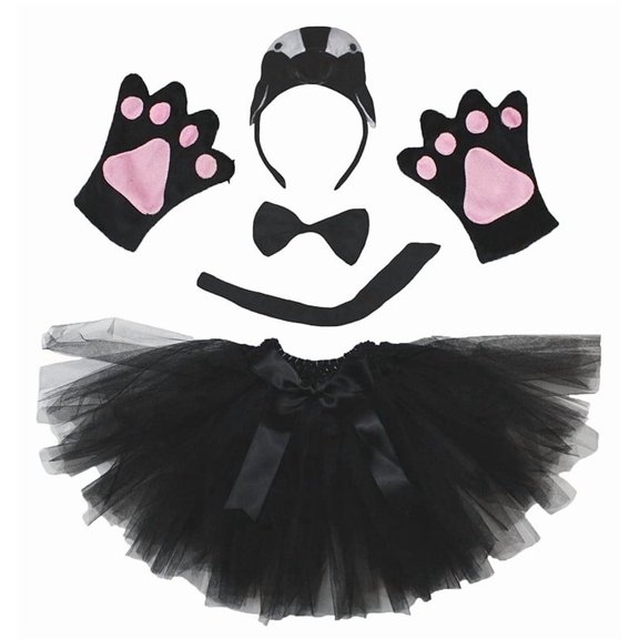 Petitebelle Cutie Penguin Headband Bowtie Tail Gloves Tutu 5pc Costume (Black, 5-10 Years)