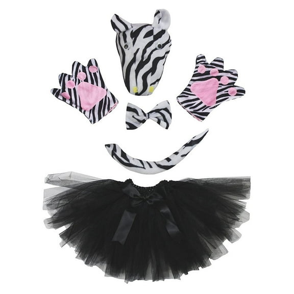 Petitebelle Cutie Zebra Headband Bowtie Tail Gloves Tutu 5pc Costume (Black White, 5-10 Years)