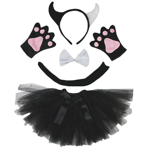 Petitebelle Devil's Headband Bowtie Tail Gloves Tutu 5pc Costume (Black White, 1-5 Years)
