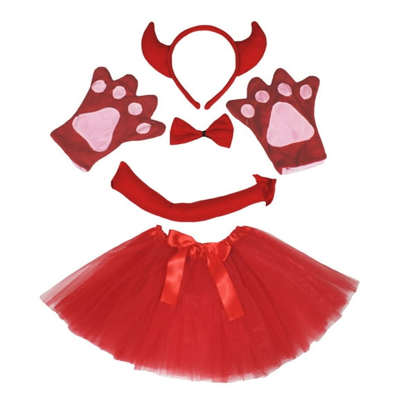 Petitebelle Devil's Headband Bowtie Tail Gloves Tutu 5pc Costume (Red, 5-10 Years)