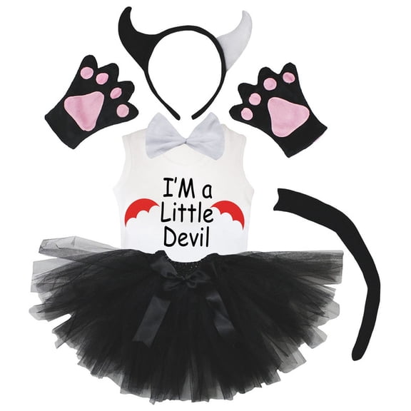 Petitebelle Devil's Headband Bowtie Tail Gloves Tutu Shirt 6pc Costume (Black/White-1, 1-2 Years)