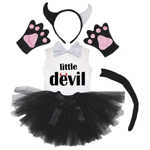 Petitebelle Devil's Headband Bowtie Tail Gloves Tutu Shirt 6pc Costume (Black/White, 1-2 Years)
