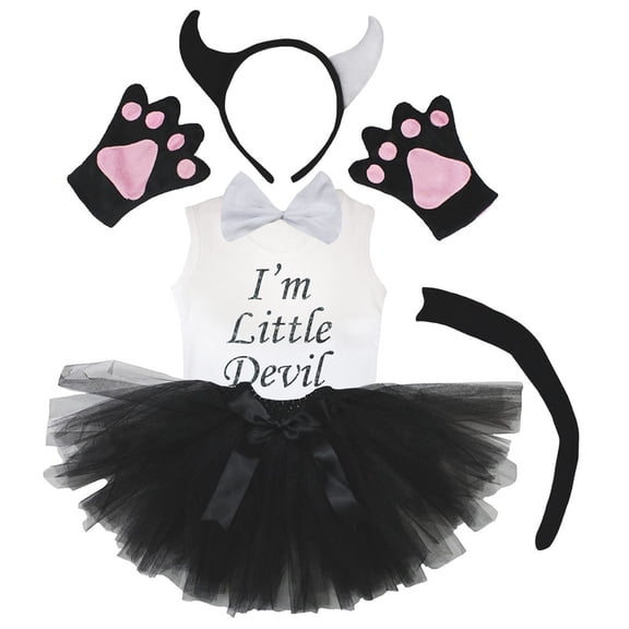 Petitebelle Devil's Headband Bowtie Tail Gloves Tutu Shirt 6pc Costume (Black/White-2, 1-2 Years)