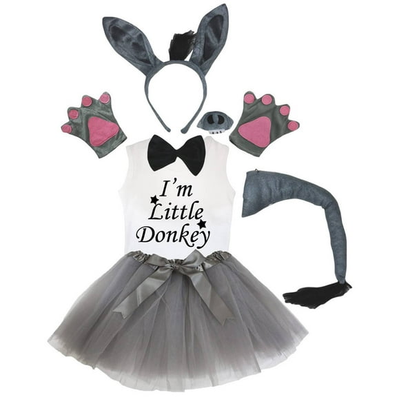 Petitebelle Donkey Headband Bowtie Tail Gloves Tutu Shirt Nose 6pc Costume (Gray, 3-4 Years)
