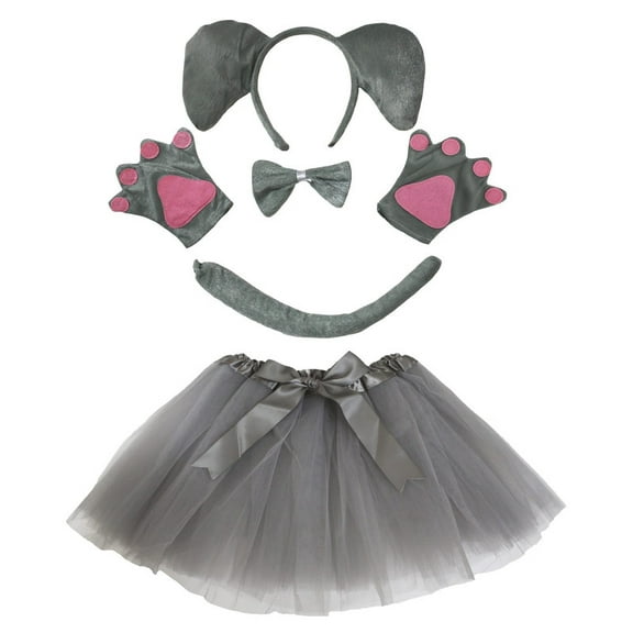 Petitebelle Elephant Headband Bowtie Tail Gloves Tutu 5pc Costume (Gray, 1-5 Years)