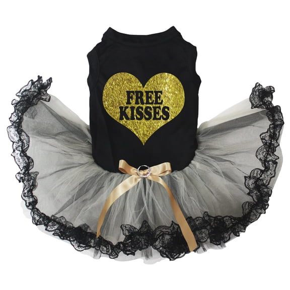 Petitebelle 'Free Kisses' Heart Puppy Dog Dress (Black/Gold Black Lace, X-Large)