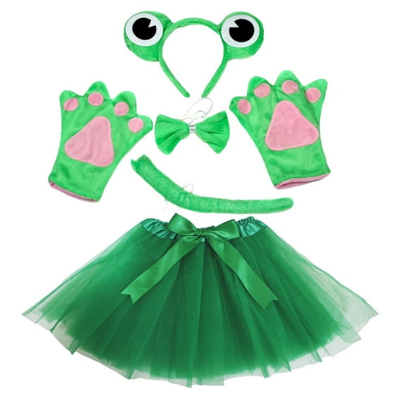 Petitebelle Frog Headband Bowtie Tail Gloves Tutu 5pc Costume (Green, 5-10 Years)