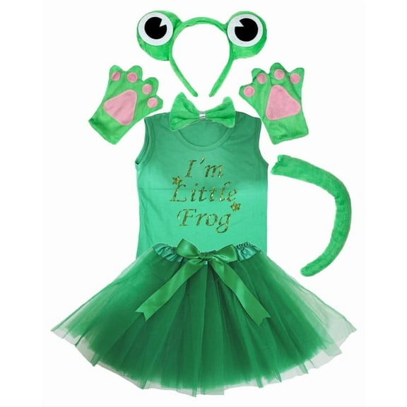 Petitebelle Frog Headband Bowtie Tail Gloves Tutu Shirt 6pc Costume (Green, 5-6 Years)