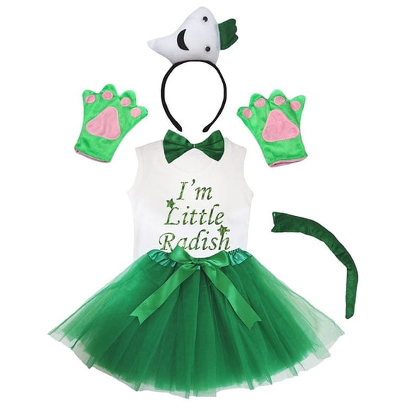 Petitebelle Fruit Headband Bowtie Tail Gloves Tutu Shirt 6pc Costume (Radish, 4-5 Years)