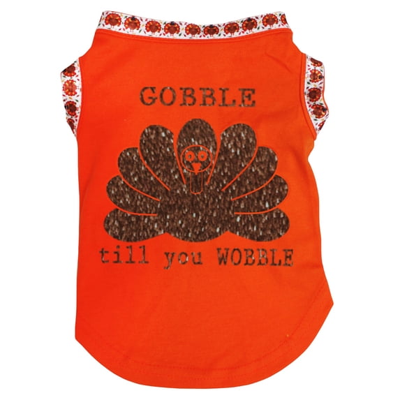 Petitebelle Gobble Turkey Till You Wobble Puppy Dog Shirt (Orange/Turkeys, Large)
