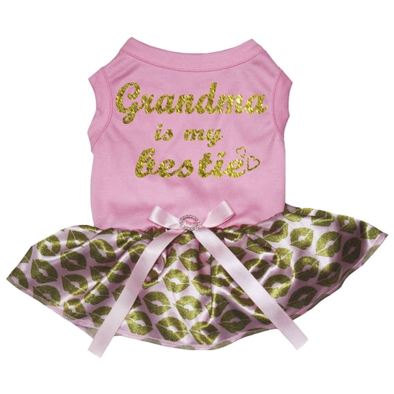 Petitebelle Grandma is My Bestie Puppy Dog Dress (Pink/Gold Lips, X-Large)